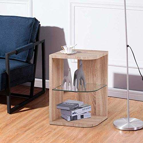 GOLDFAN Side Table Small Coffee Table with Glass Storage Shelves Wood Sofa End Table Bedside Tables for Living Room Bedroom Lounge, Natural