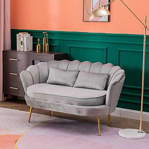 Modern 2 Seater Sofa Velvet Compact Scallop Loveseat with Chrome Metal Legs 2 Waist Pillows Couches (Gray)