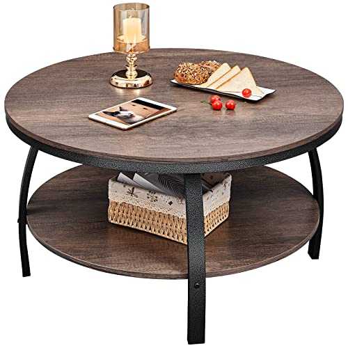 GreenForest Round Coffee Table 35.4 inch Large Size Industrial Style Sofa Table Cocktail Table Metal Legs with 2-Tier Storage Open Shelf for Living Room, Easy Assembly, Rustic Walnut