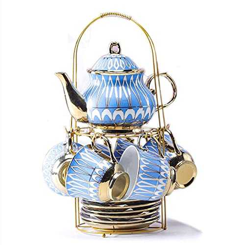 HKX Royal British Porcelain Tea Sets of 6 Tea Cups and Saucers Ceramic Tea Service for Adults Porcelain Afternoon Tea Coffee Set Birthday Wedding Gift,Blue tea set (Color : Blue)