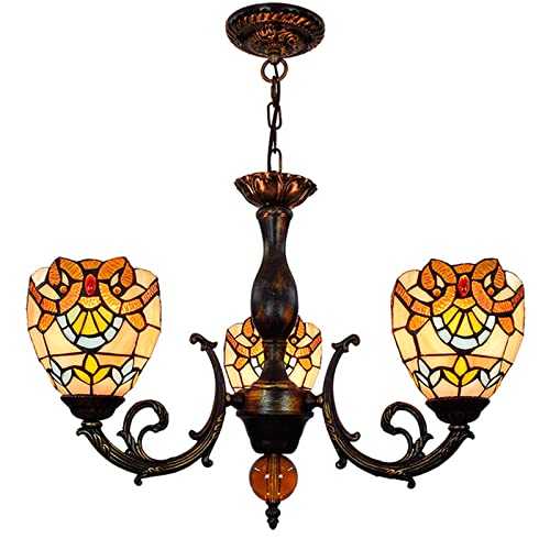 chicstyleme Tiffany Hanging Lamp Chandelier 3 Lights Wide 54cm Height 80cm Stained Glass Baroque Lampshade Antique Ceiling Style Pendant Lighting Fixture Decorate Dinner Room Living Room