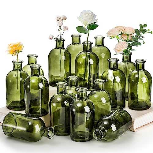 YOUEON 16 Pack Small Living Bud Vases 250ml Green Glass Small Vase Decorative Bottles Small Vintage Flower Bottle Centerpiece for Wedding Reception Home Decor Office Vintage Look