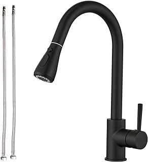 Gushi Kitchen Sink Mixer Tap with Pull Down Sprayer Matte Black, Single Handle High Arc Pull Out Kitchen Taps, Single Level Solid Brass Kitchen Faucet with UK Standard Fittings