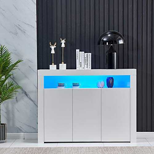 nozama High Gloss LED Sideboard Storage Cabinet White 3-door Cupboard Cabinet with 16 Colors Strips Living Room Modern LED Sideboard Cabinet Controlled by Remote (White)