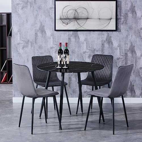 GOLDFAN Black Marble Effect Dining Table and 4 Chairs Round Glass Kitchen Table and Velvet Padded Chairs Dining Table Set,90CM/Grey