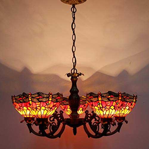 Tiffany Hanging Lamp Chandelier 5 Lights Branch Wide 30 Inch Red Dragonfly Stained Glass Lampshade Antique Ceiling Style Pendant Lighting Fixture Decorate Dinner Room Living Room Bedroom WERFACTORY