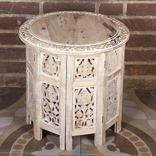 Casa Moro Nassiba NH09204 Oriental Side Table 46 x 46 x 46 cm (W x D x H) Round in Shabby White Solid Mango Wood Vintage Sofa Table Coffee Table