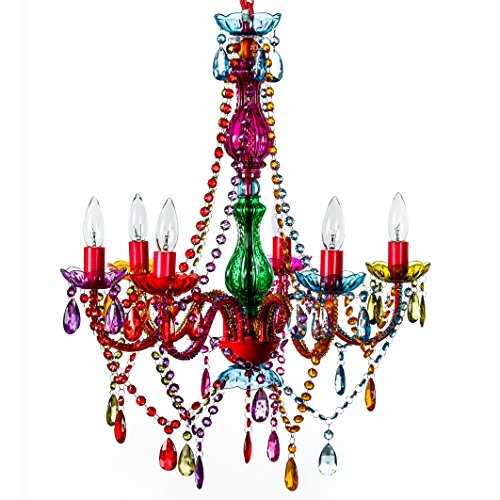 6 Light Multicolor Hardwire Flush Mount Chandelier H26”xW22”, Red Metal Frame with Multicolor Glass Stem and Multicolor Acrylic Crystals & Beads That Sparkle Just Like Glass