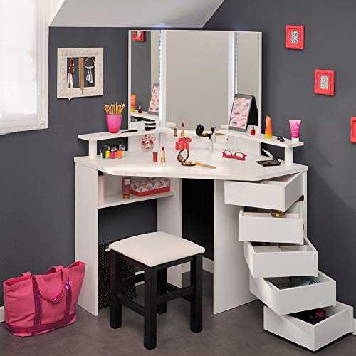 Corner Dressing Table with Lights and Mirror, Happy Beds Beauty Bar Wood White Modern Dressing Table - 141cm x 111cm x 74cm