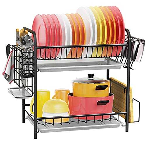 2-tier dish rack storage box with cutlery knife holder and cutting board holder Anti-rust cutlery drainer with removable drain plate for kitchen counter storage