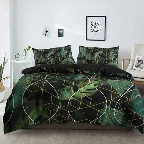 Nimsay Home Luxury Tropical Bedding Cubic Leaf Duvet Covers Forest Themed Palm Leaves Geometric Fluffy Easy Care Quilt Cover Pillow Cases Teen Adults 3 Pcs King Size Bed Sets in Emerald Green