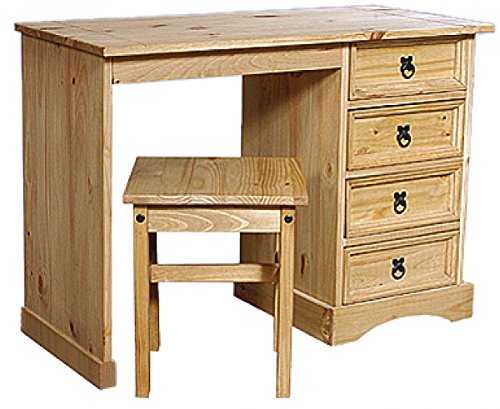 Solid Waxed Light Pine Corona Dressing Table With 4 Drawers & Stool Bedroom 4 Drawer Dressing Table With Stool, 1030W x 480D x 760H, Bedroom Furniture