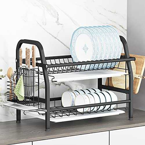 UMDONX Dish Drying Rack 2-Layer Dish Rack Drainboard Stainless Steel Compact Dish Drainer for Kitchen with Utensil Holder and Cutting Board Rrack(Black)