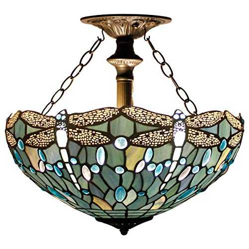 sgvag Tiffany Ceiling Fixture Lamp Semi Flush Mount 16 Inch Sea Blue Stained Glass Lampshade Crystal Bead Dragonfly Pendant Hanging 2 Light Fixture for Dinner Room Living Room Bedroom S147