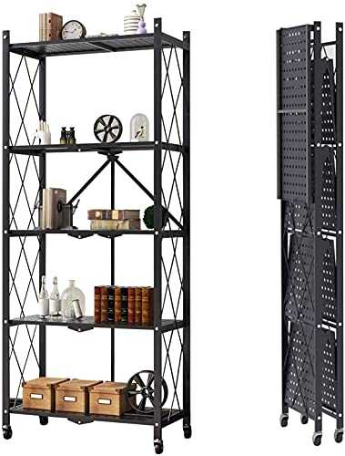 LRBBH 5 Tier Foldable Mobile Storage Shelving Unit, Foldable Storage Shelves with Wheels, Freestanding Large Capacity Storage Rack for Kitchen,Black