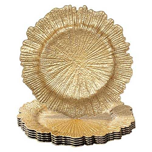 MAONAME Round 13" Gold Charger Plates, Set of 6, Plastic Reef Plate Chargers for Dinner Plates, Wedding, Elegant Décor Place Setting