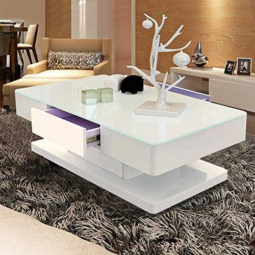 TUKAILAi White Modern Coffee Table with 8mm Tempered Glass Top and High Gloss Surface 2 Drawers Storage Space Table for Living Room Furniture Reception Waiting Area