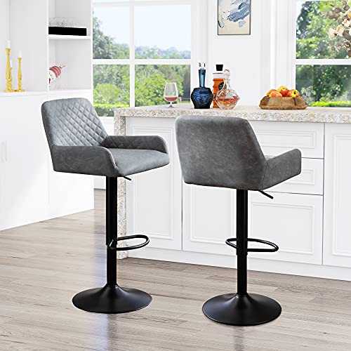 2 x Bar Stools Set with Backrest & Armrest, Leatherette Exterior, Adjustable Height Swivel Gas Lift, Iron Footrest and Base for Breakfast Bar, Counter, Kitchen and Home Barstools (Grey)