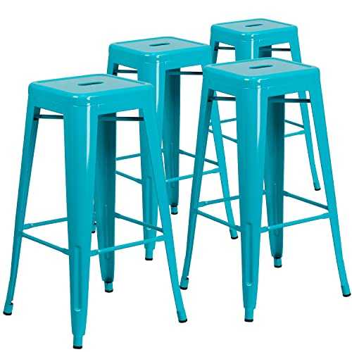 Flash Furniture Metal Colorful Restaurant Barstool, Plastic, Iron, Crystal Teal-Blue, 4 Pack