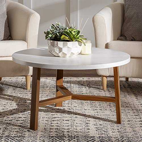 Eden Bridge Designs 76cm (30'') Mid Century Modern Round Coffee Table for Living Room Dining Room and Home Office - White Marble/Acorn