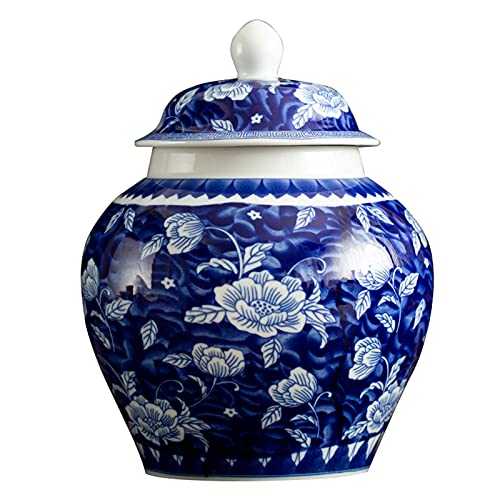 fanquare Jingdezhen Blue and White Ginger Jar Vase, Handmade Lucky Lotus Ceramic Flower Vase, Height 23cm