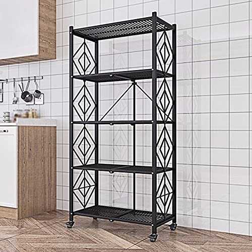 Folding Shelf, Microwave Oven Home Appliances Shelf, Floor Multi-Layer Movable Storage Shelf with Wheels/Black / 71x34x161cm