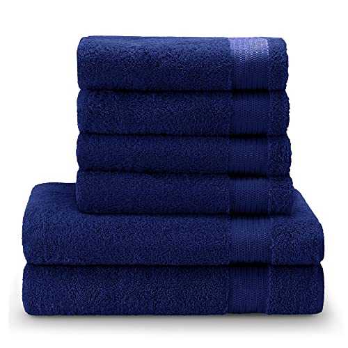 Twinzen - Chemical-Free 100% Cotton Towel Sets 500GMS (6 Pieces, Dark Blue) - 4 Hand Towels (50x80 cm / 20x31.5 in) and 2 Bath Sheets (140x70 cm / 55x27.5 in) - Fluffy and Absorbent