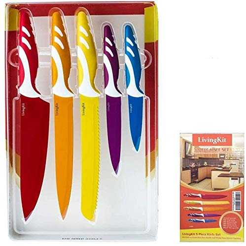 LivingKit Knife Set 5 Pieces Stainless Steel NonStick Coating Blades Chef Slicer Bread Utility and Paring Knife for Housewarming Commercial Home Kitchen