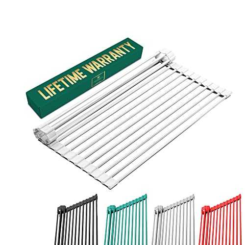 Bellemain Over The Sink Dish Drying Rack | Heat Resistant Stainless Steel & Silicone Dish Drying Mat for Kitchen Counter, Roll Up Dish Drying Rack for Kitchen Sink, Dish Drainer, (White, Medium)