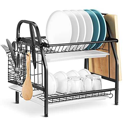 alvorog Dish Drying Rack, 2 Tier Dish Rack Stainless Steel with Utensil Knife Holder and Cutting Board Holder Dish Drainer with 3 Removable Drain Board for Kitchen Counter Organizer Storage (Black)