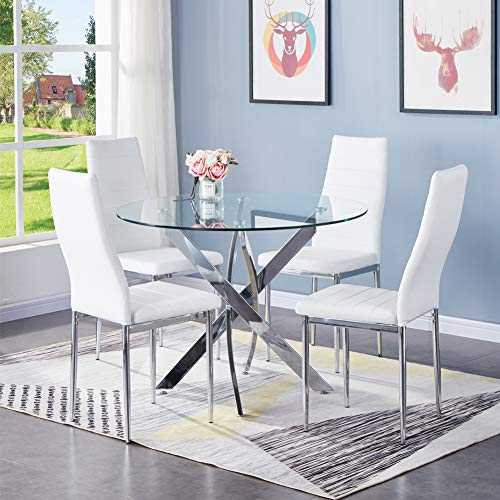 GOLDFAN Round Glass Dining Table and 4 Chairs Modern Kitchen Table and Faux Leather Padded Chairs Dining Table Set White/100cm