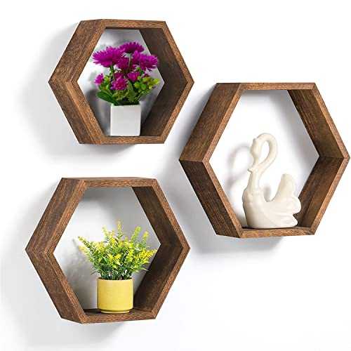 Wooden Hexagon Floating Shelves, Set of 3 Large Wall Mounted Shelf for Home, Room, Kitchen Or Office Decor, Geometric Hexagonal Rustic Farmhouse Natural Wood