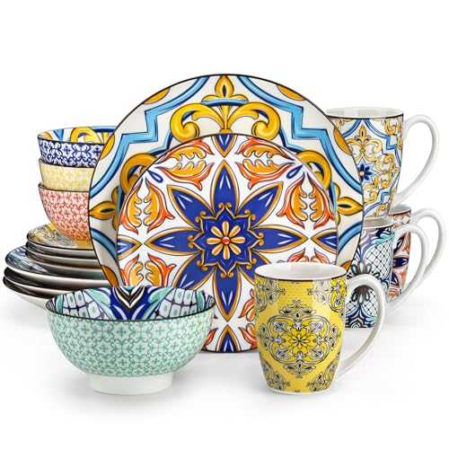 vancasso Jasmin Patterned Dinner Set - 16 Pieces Porcelain Dinnerware Set Moroccan Crockery with 10.6 inch Dinner Plate 8.3 inch Dessert Plate 6 inch Bowl and 10.6 oz Mug, Service for 4