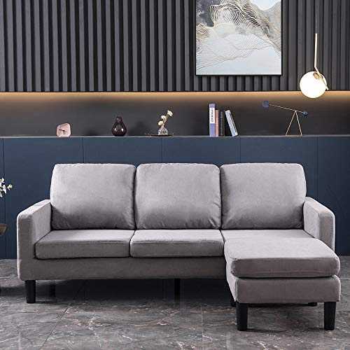 Panana 3 Seater Sofa with Footstool Faux Leather Corner Sofa Modern Left or Right Chaise Couch Settee for Lounge Living Room (Light Gray)