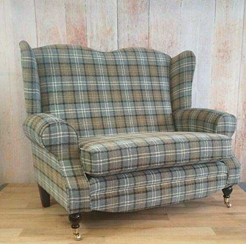 Stunning Wing Back Queen Anne 2 Seater Sofa Lana Duck Egg Tartan Fabric on Solid Wood Mahogany Legs