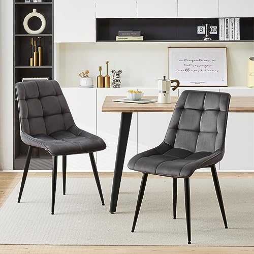 TUKAILAI 2PCS Dark Grey Velvet Dining Chairs Soft Seat and Velvet Living Room Chairs with Sturdy Metal Legs Kitchen Chairs for Dining Room Set of 2 Living Room Reception Chairs