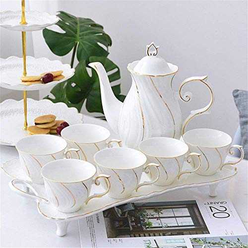 Tea Sets For Adults 8 Pieces Gold Trim Glazed Porcelain Coffee And Tea Service With 6 Piece Cups And Tray Afternoon Tea Drinkware Coffee Set For Party And Dinner For Household