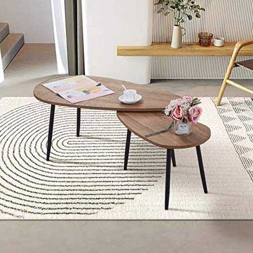 GOLDFAN Triangle Coffee Table Set Nest of 2 Tables Modern Sofa Coffee Side Table Black Metal Table Legs for Living Room, Walnut