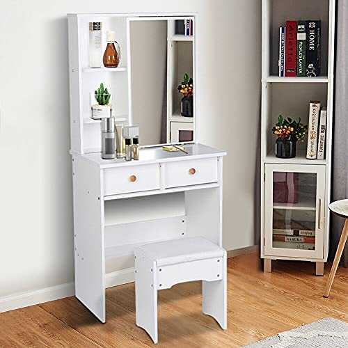 LCSA Modern White Dressing Table Makeup Desk w/ 2 Drawers & Sliding Mirror and Stool Dressing Tables