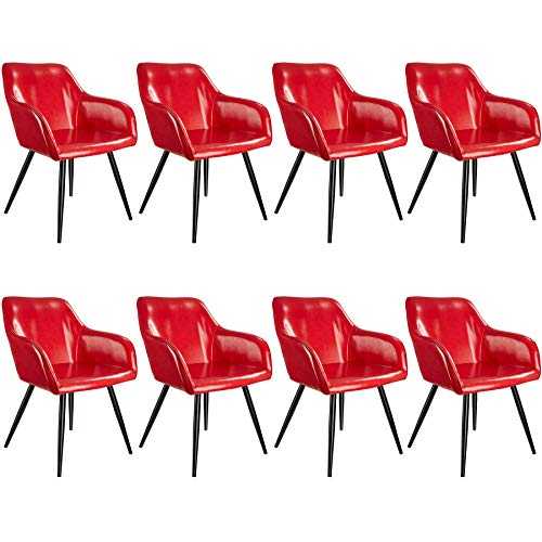 tectake 800880 Marilyn Faux Leather Chair | Set of 8 Dining Chairs | Vintage Design | Armchair with Armrests & Backrest| Rounded Legs and Comfortable Seating (Red - Black)