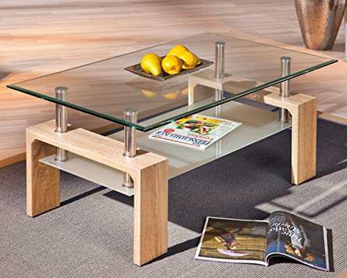 Coffee Table For Living Room, Rectangle Glass Coffee Table With Stainless Steel Tube Support & MDF Wooden Legs, Modern Coffee Table With Storage Glass Shelf for Home Living Room Furniture (Oak)