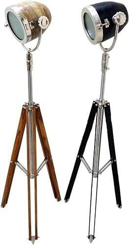 Nautical Designer Wooden Spot Search Light Studio Tripod Floor Lamp Set of Two