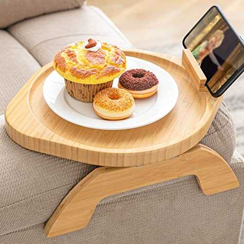 SITREMEN Bamboo Sofa Arm Tray Table with Rotating Mobile Holder, Stable Couch Armrest, Clip-On Sofa Tray Table for Wide Couches, Foldable Arm Clip Table for Eating and Drinking