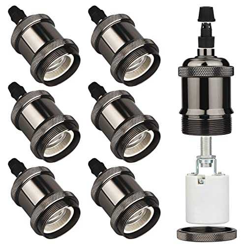 E27 Vintage Light Socket, 6 Pcs E27 Solid Socket Ceramics Lamp Holder, Rated 4A 250V Retro Edison Screw E27 Lamp Holder, for DIY Pendant Light Bulb Socket Adaptor (Gloss Black-Pack of 6）