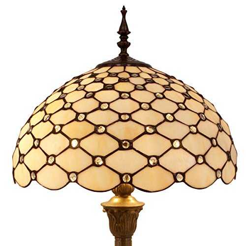 Tiffany Floor Lamp W16H64 Inch Tall Amber Stained Glass Crystal Pear Bead Lampshade S005 WERFACTORY LAMPS Lover Gifts Antique Style Standing Read Lighting Base Living Room Bedroom Beside Coffee Table
