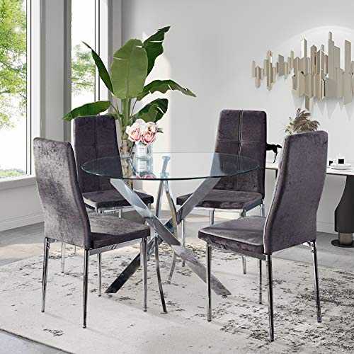 GOLDFAN Dining Table and Chairs Set 4 Modern Glass Round Dining Kitchen Table and Velvet High Backrest Chairs Dining Room Set, Gray