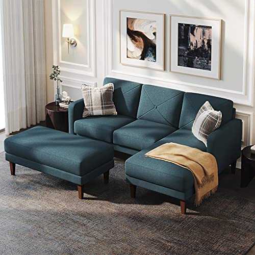 Belffin Corner Sofa 3 Seater with Ottoman L Shaped Sectional Sofa Couch Set for Living Room Blue
