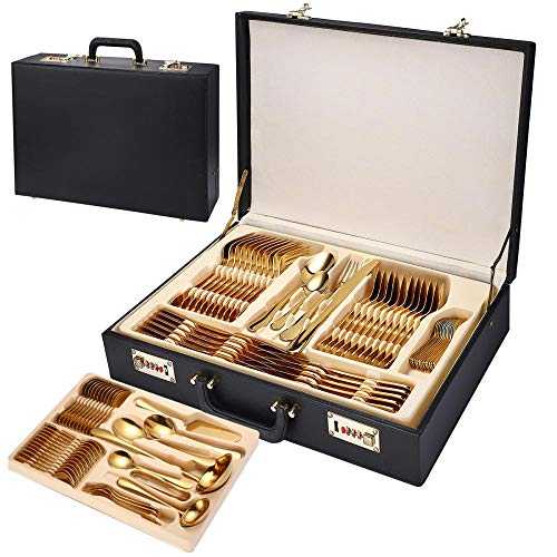 Cutlery Set (with Beautiful Box), 84 Piece Stainless Steel Cutlery Set, 410 Stainless Steel Food Grade Cutlery Set - for Home and Restaurant-Golden