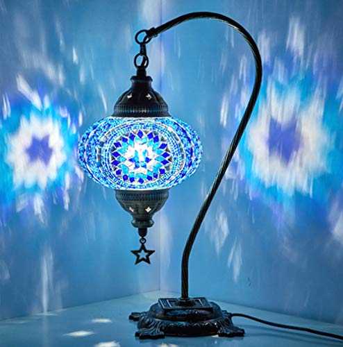 DEMMEX Stunning Handmade Swan Neck Turkish Moroccan Mosaic Glass Table Desk Bedside Lamp Light with Antique Brass Body (Blue)