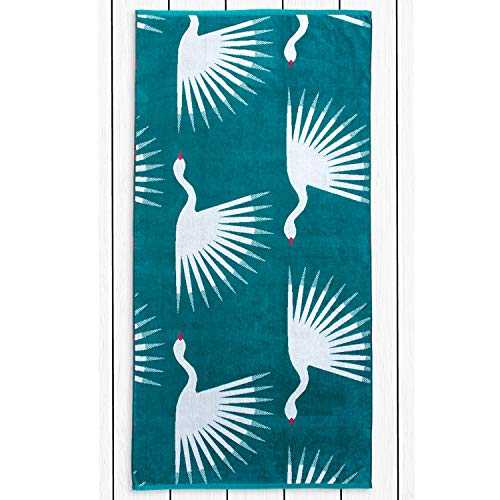 DecoKing Beach Towel Large 90 x 180 cm Cotton Terry Velour Bath Towel Green Cream Crane Birds
